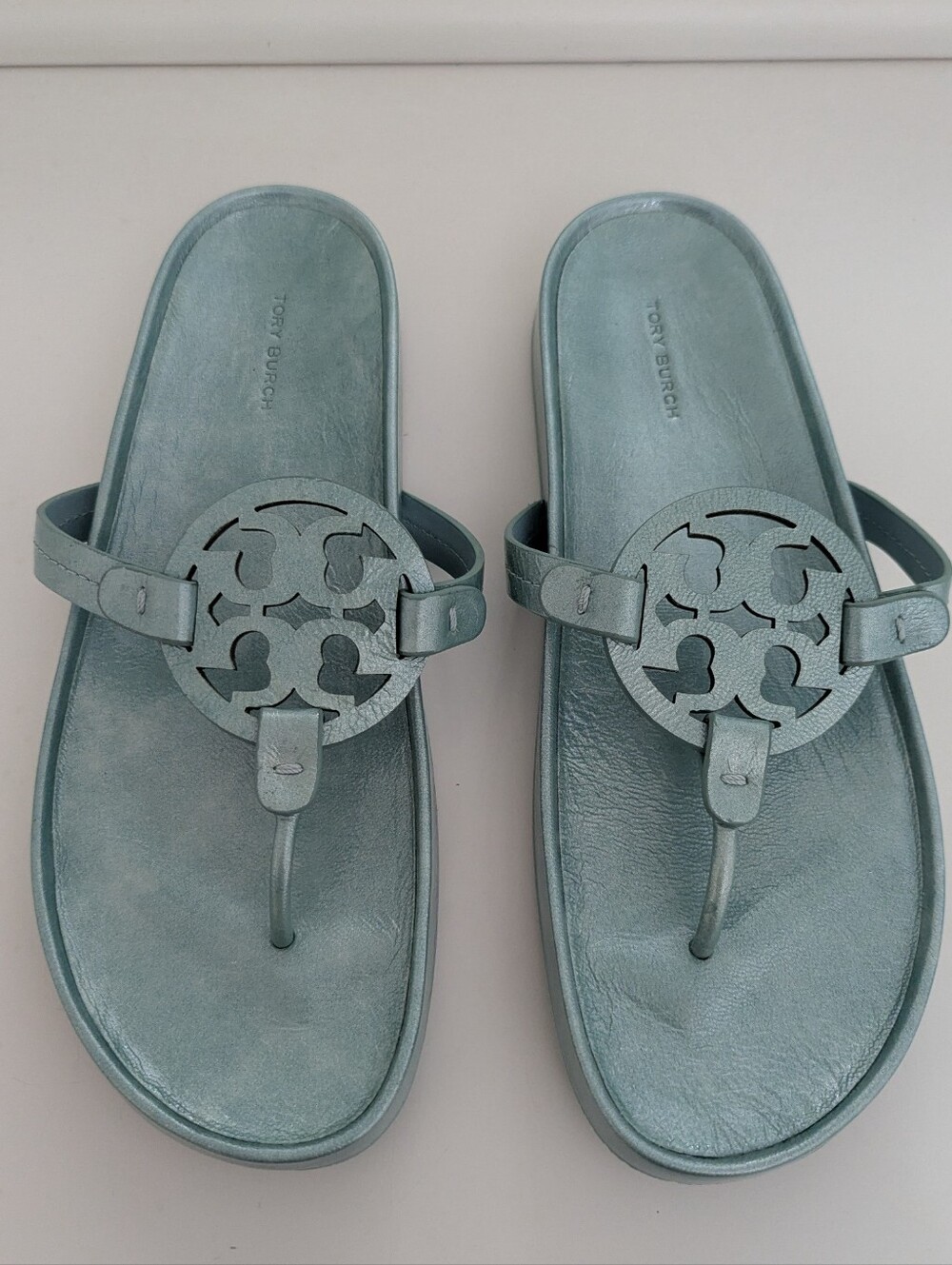 EUC! Tory Burch Miller Cloud Sandal Metallic Leather In Audrey Blue Size 12